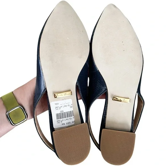 NEW PAULA TORRES Slingback Leather Tassel Navy Flats Sz 8 - Picture 4 of 4